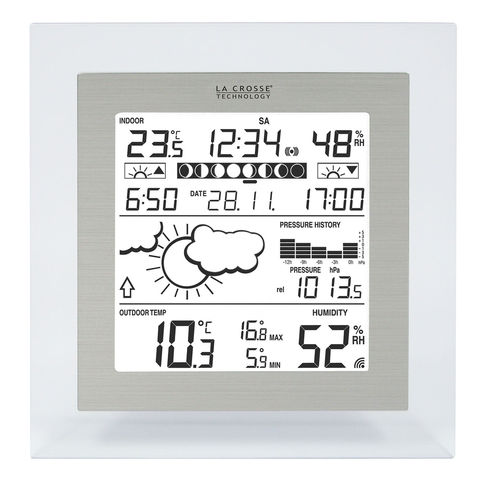Estación meteorológica La Crosse WS9257 Imagen ampliada pantalla interior. Marco color acero y plástico transparente.