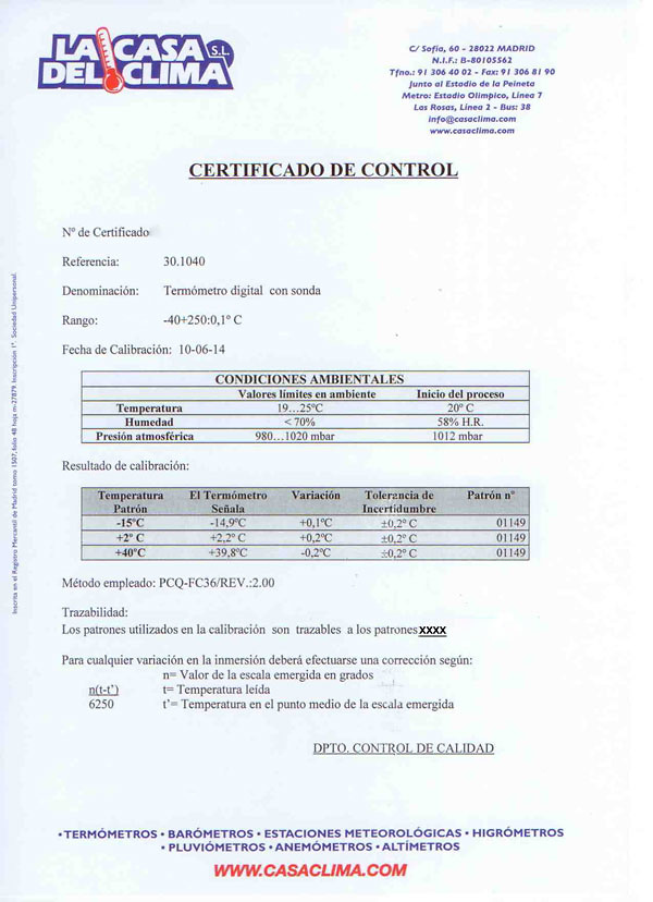 Termómetro digital TFA 30.1040 certificado Certificado de calibración.